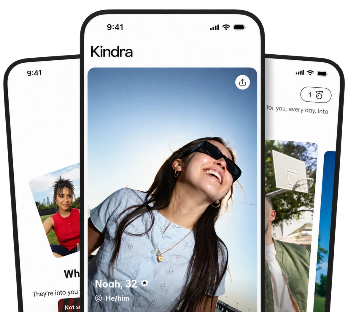 3 mobile phone screens showing the Kindra app